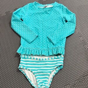 Ruffle Butts Teal and White Kids Rashguard Swim Set 4T
